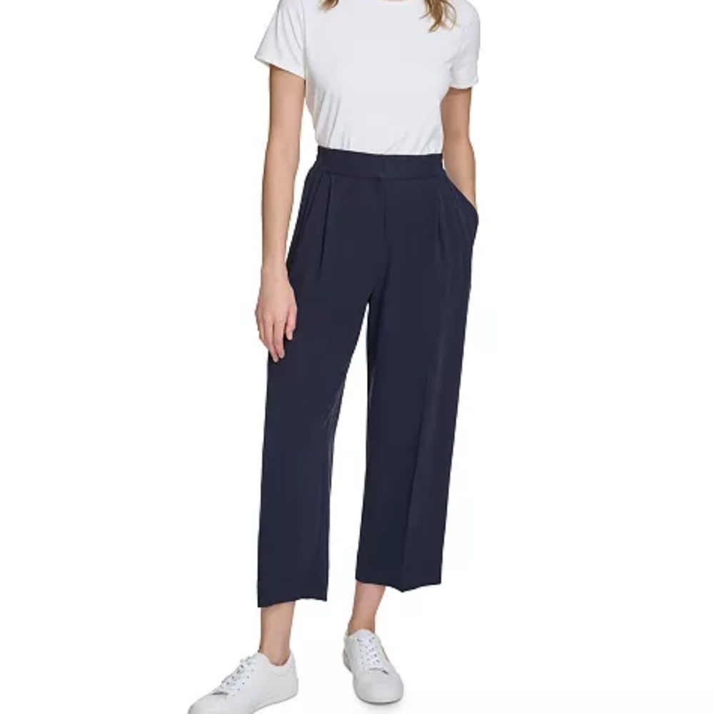 Calvin Klein Women's Pleated Cropped Wide Leg Pants Navy size M